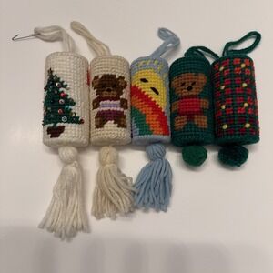 Vintage Handmade Needlepoint Christmas Ornament Lot. Very Unique, Bears, Rainbow